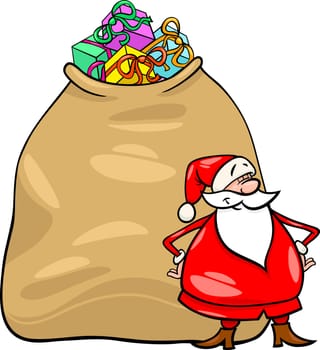 Cartoon Illustration of Funny Santa Claus or Papa Noel with Huge Sack Full of Christmas Presents