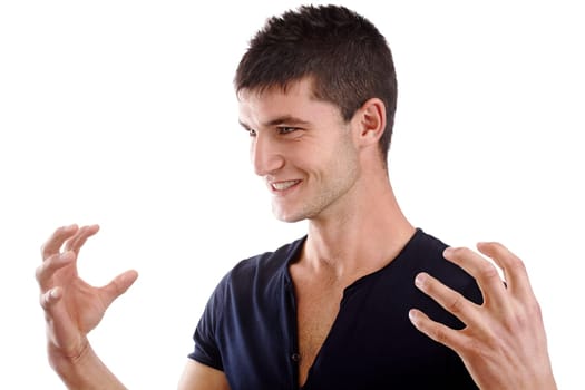 Young handsome man showing something