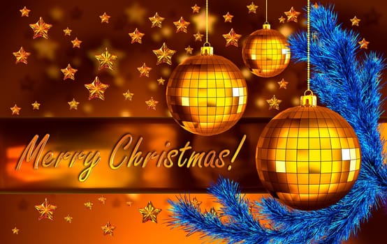 golden christmas background with the words Merry Christmas greetings, decorated of blue fir branch and three christmas balls