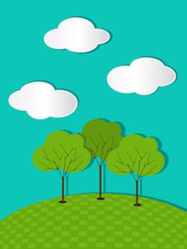 Background illustration with trees and clouds made of paper.