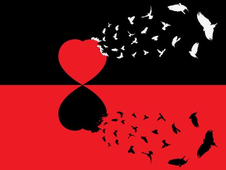 Abstract love card with breaking heart eaten by pigeons.