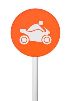 orange motorbike sign on post pole (isolated on white background)