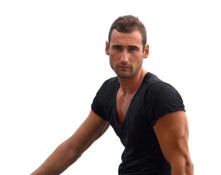 Fit and muscular male model on white background