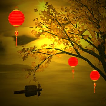 Nice background with chinese lanterns and birdcage