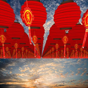 Nice background with chinese lanterns and birdcage