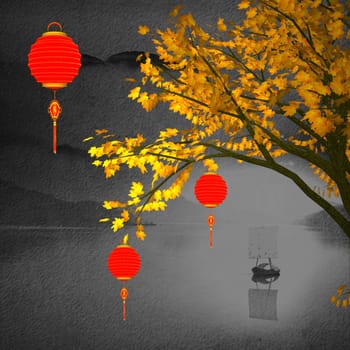 Nice background with chinese lanterns and birdcage