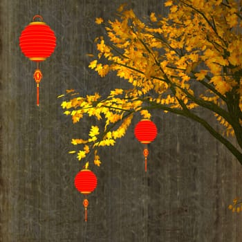 Nice background with chinese lanterns and birdcage