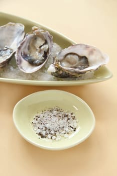 Fresh natural oysters with sea salt and ground pepper ready to serve.