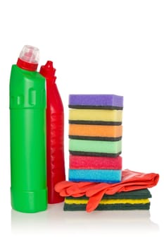cleaning supplies and gloves on white background