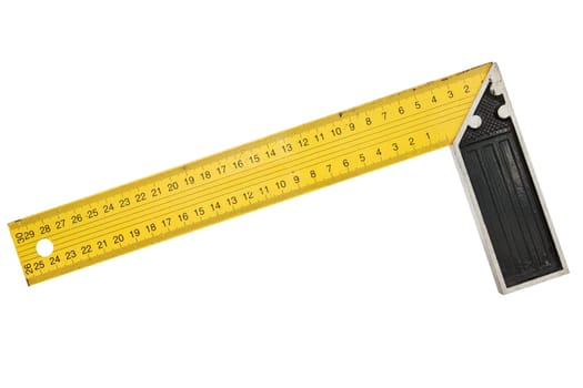 Used iron ruler with angle bar, set square. Isolated on white background