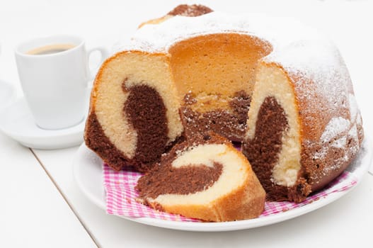 Traditional Homemade Marble Cake - Gugelhupf and Cup of Espresso Coffee