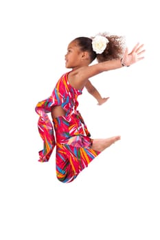 Portrait of cute Young African Asian  girl jumping, over gray background