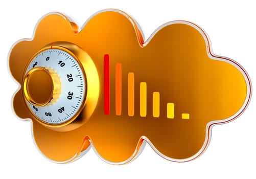 Cloud computing and storage internet security concept as is golden glossy cloud icon with combination lock on white background