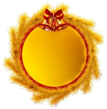 3D rendering of gold Christmas frame with red bow, two bells and decorative gold fir-tree branches for writing best wishes