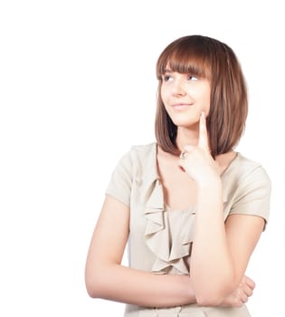 beautiful and happy young woman thinking. Hand at her cheek, smiling and looking away from camera. A lot of copy space. Isolated on white background.