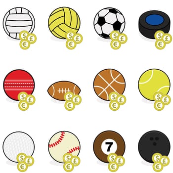 Collection of color sports balls with coins on top of them to symbolize sports betting