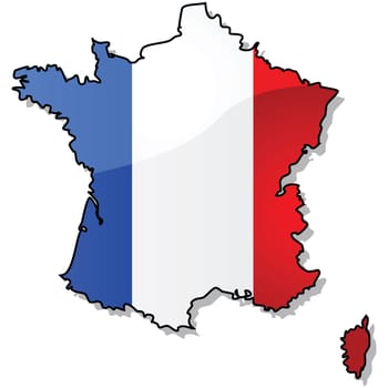 Glossy illustration showing the map of France with the country's flag superimposed over it.