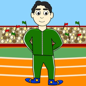 Cartoon illustration showing an athlete inside a stadium