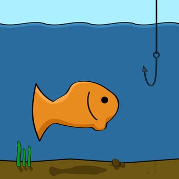 Cartoon illustration showing a fish in the water looking at a fishing hook