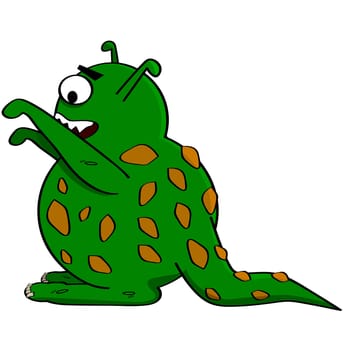 Cartoon illustration showing a little green monster yelling with his arms raised
