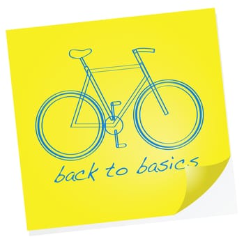 Cartoon illustration showing a sketch of a bike on a sticky note with the words 'Back to basics' under it