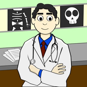 Cartoon illustration showing a doctor inside his office