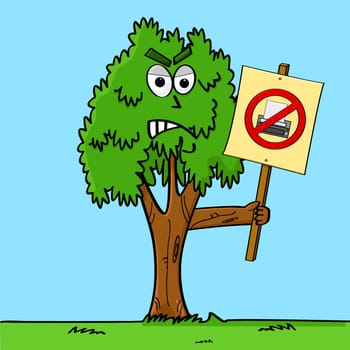 Concept cartoon illustration showing a tree protesting against printers and asking people to stop printing things