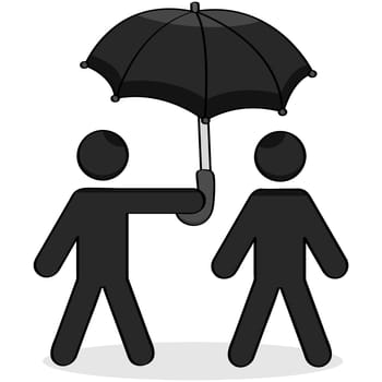 Cartoon showing a stick figure helping another with an umbrella