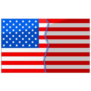Concept illustration showing an American flag divided in half and stitched back together