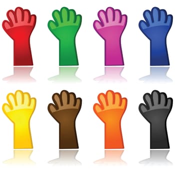 Collection of different colored hands or gloves, reflected on a white background