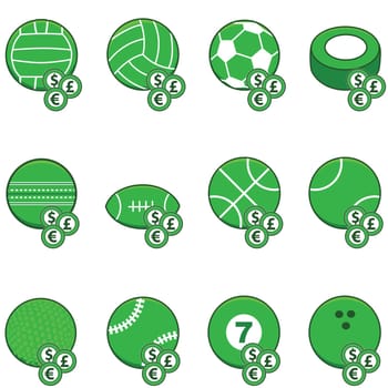 Collection of green sports balls with coins on top of them to symbolize sports betting