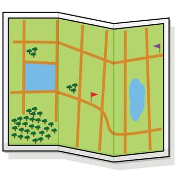 Cartoon illustration showing a generic map with some roads and natural features such as trees and lakes