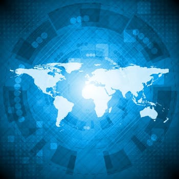 Dark bluetechnology background with world map. Vector illustration eps 10