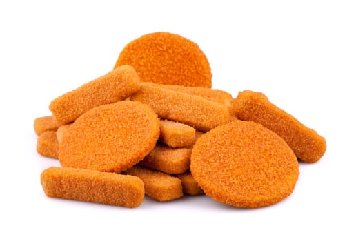 Fish fingers and fishcake burgers isolated on white background.