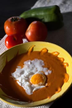 Real food photographed on location in traditional portuguese restaurants, tomato soup with poached egg, Alentejo, Portugal