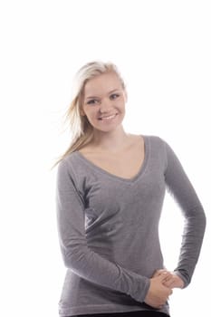 studio portrait of beautiful young woman isolated on white
