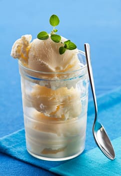 Fresh vanilla ice cream in glass close up