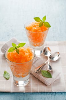 Fresh apricot granita in glass close up