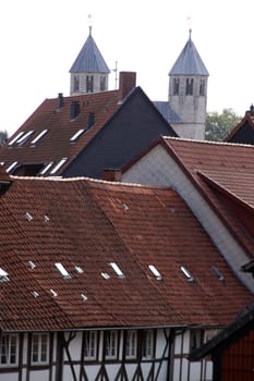 Towers of the collegiate church of Bad Gandersheim above the rooftops of the city