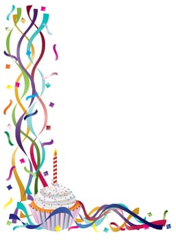 Birthday Cupcake with Colorful Ribbons and Confetti Border Background Illustration