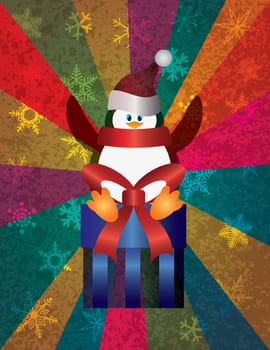Christmas Penguin Sitting on Present with Snowflakes and Colorful Rays Texture Background Illustration
