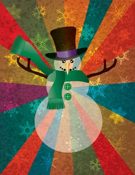 Christmas Snwoman with Hat and Scarf on Snowflakes and Colorful Rays Texture Background Illustration