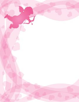 Valentines Day Love Cupid with Bow and Arrow Silhouette on Hearts and Swirls Border Background Illustration