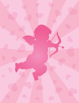 Valentines Day Love Cupid with Bow and Arrow Silhouette on Hearts Rays Background Illustration