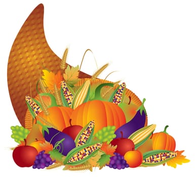 Thanksgiving Day Fall Harvest Cornucopia with Pumpkins eggplants apples grapes wheat grain corns fruits vegetables illustration