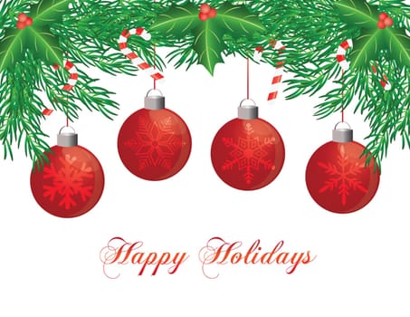 Christmas Tree Garland with Ornaments Holly Berries Leaves and Candy Cane Illustration