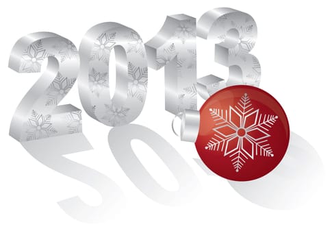 2013 Happy New Year 3D Numbers and Red Ornament with Long Shadows Isolated on White Background