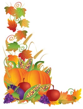 Thanksgiving Day Fall Harvest Pumpkin Eggplant Grapes Corns Apples with Leaves and Twine Border Illustration