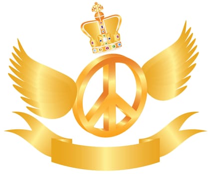 Flying Gold Peace Symbol with Crown Jewels Wings and Banner Illustration