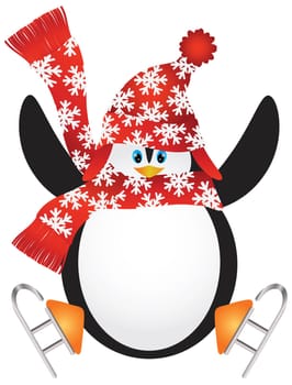 Christmas Penguin with Santa Hat and Scarf Ice Skating Doing the Split Jump Illustration